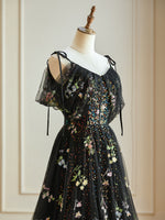 A-Line Off Shoulder Tulle Lace Black Long Prom Dress, Black Formal Dress