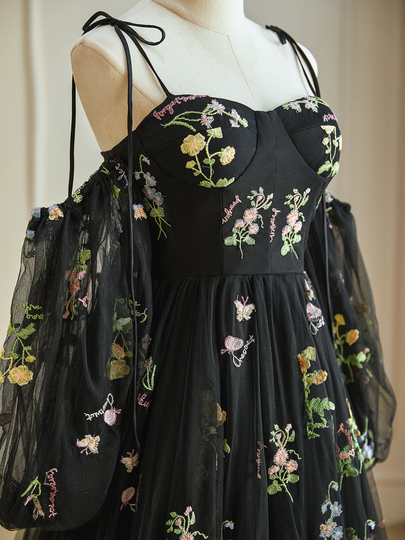 A-Line Sweetheart Neck Tulle Lace Black Long Prom Dress, Black Long Evening Dress