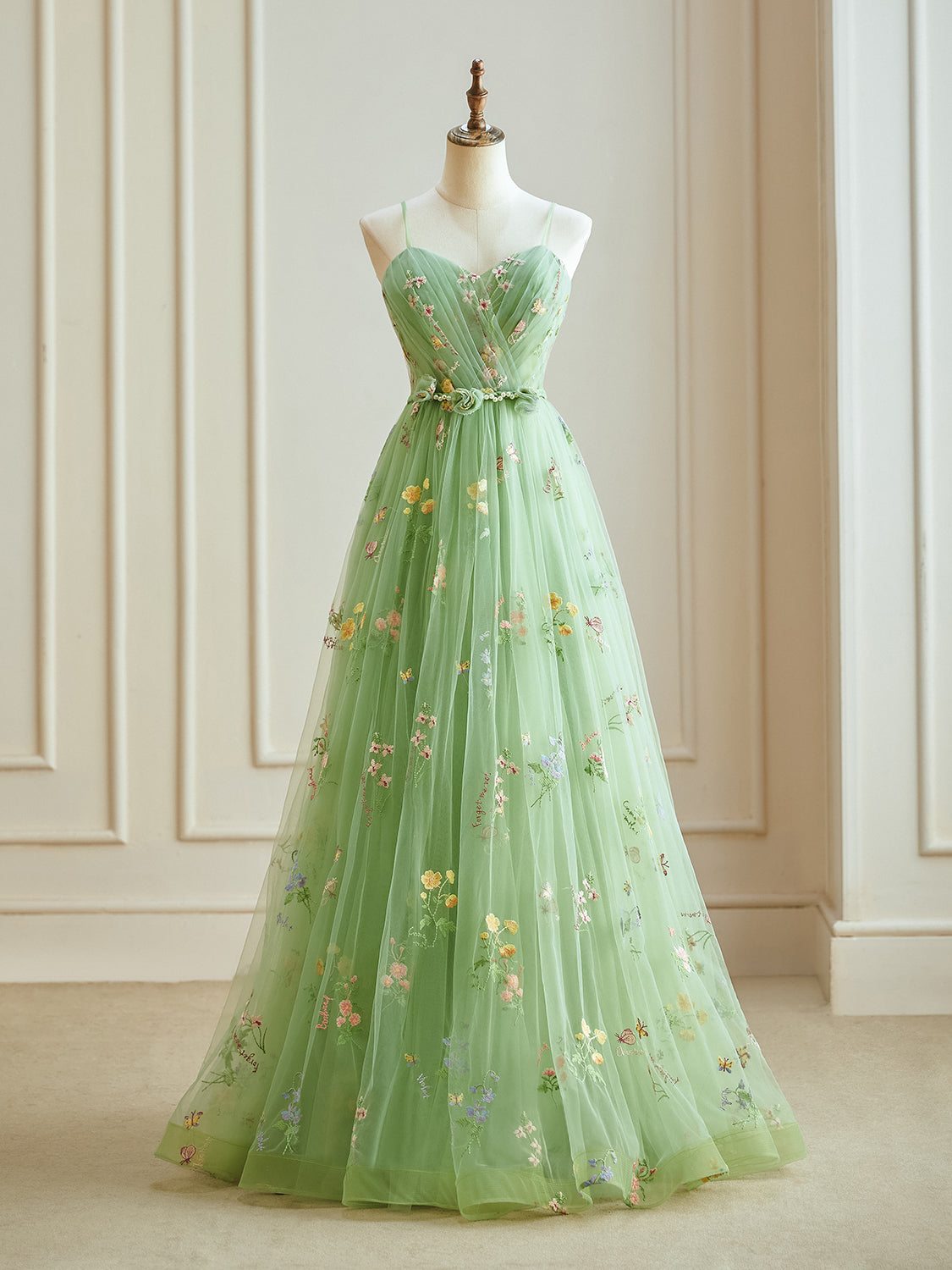 A-Line Sweetheart Neck Tulle Lace Green Long Prom Dress, Green Lace Long Formal Dress