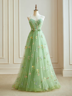 A-Line Sweetheart Neck Tulle Lace Green Long Prom Dress, Green Lace Long Formal Dress
