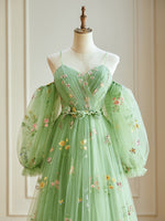 A-Line Sweetheart Neck Tulle Lace Green Long Prom Dress, Green Lace Long Formal Dress