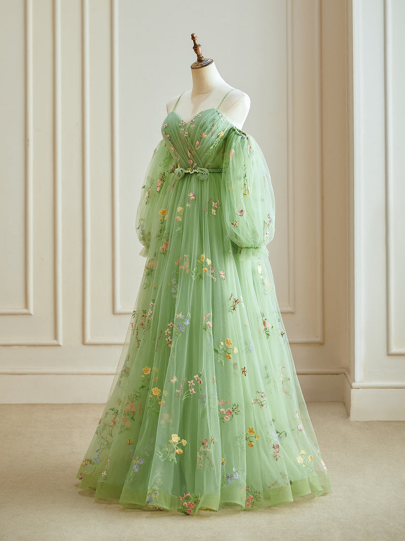 Green Floral Tulle Long Prom Dress, Beautiful A-Line Evening Formal Dress US 8 / Green Green Floral Tulle Long Prom Dress, Beautiful A-Line Evening Formal Dress US 8 / Green