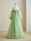 A-Line Sweetheart Neck Tulle Lace Green Long Prom Dress, Green Lace Long Formal Dress