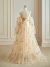 A-Line Champagne Tulle Lace Long Sleeves Prom Dress, Champagne Long Evening Dress