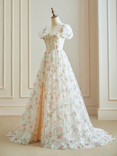Champagne Sweetheart Neck Tulle lace Long Prom Dress, Champagne Graduation Dress