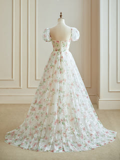 Champagne Sweetheart Neck Tulle lace Long Prom Dress, Champagne Graduation Dress