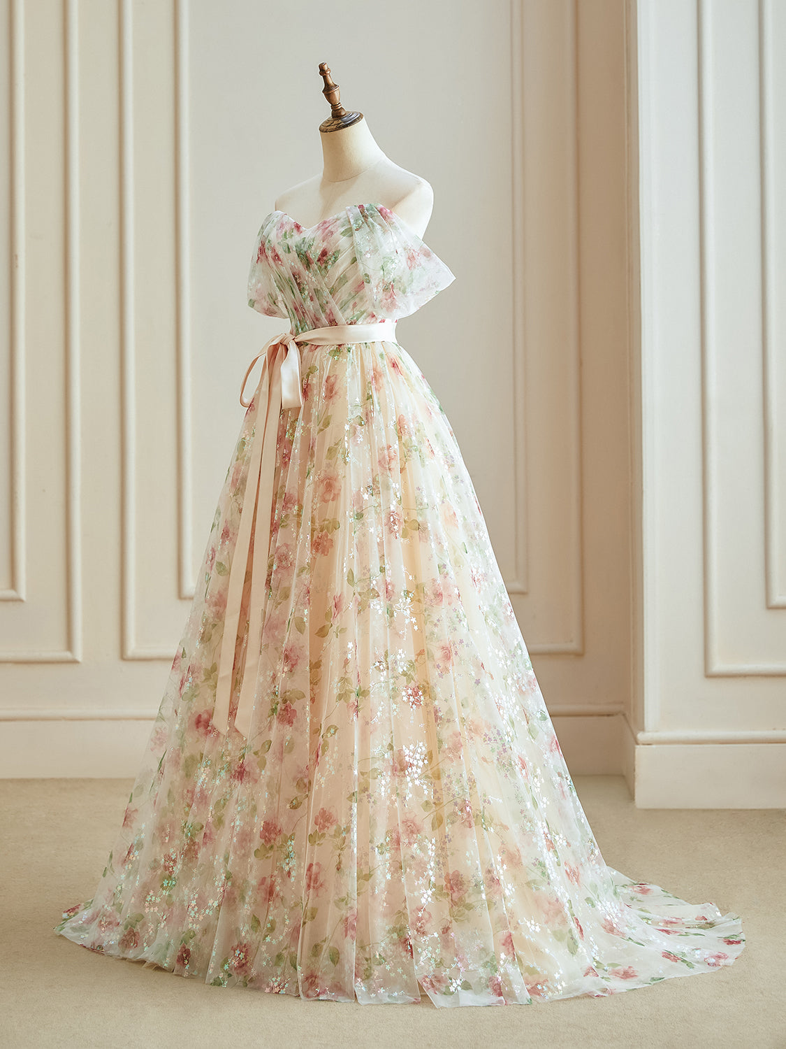 A-Line Off Shoulder Tulle Lace Champagne Long Prom Dress, Champagne Long Evening Dress