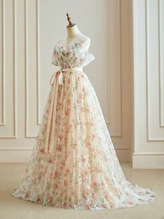 A-Line Off Shoulder Tulle Lace Champagne Long Prom Dress, Champagne Long Evening Dress