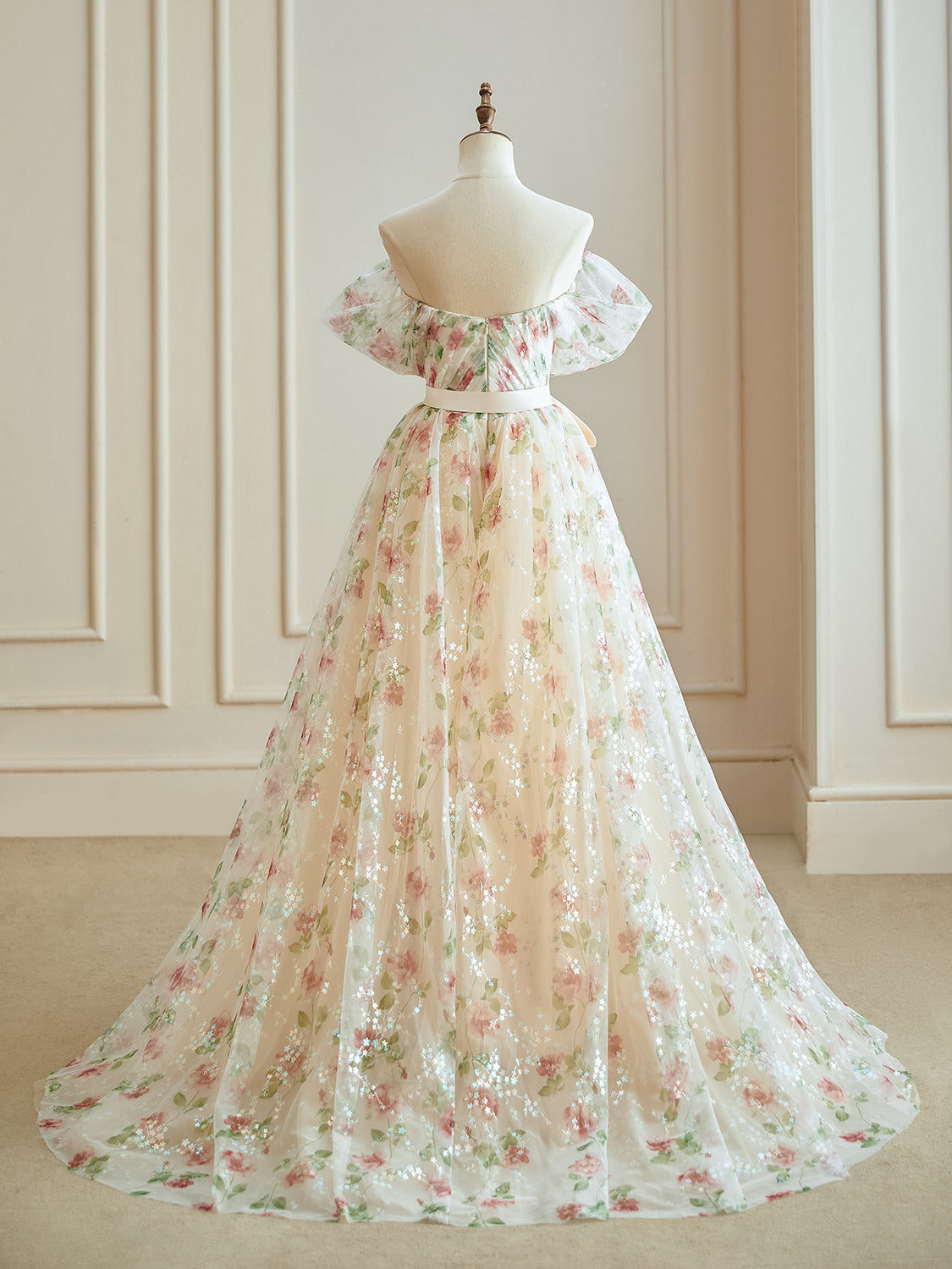 A-Line Off Shoulder Tulle Lace Champagne Long Prom Dress, Champagne Long Evening Dress