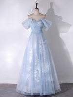 A-Line Off Shoulder Tulle Lace Blue Long Prom Dress, Blue Long Formal Dress