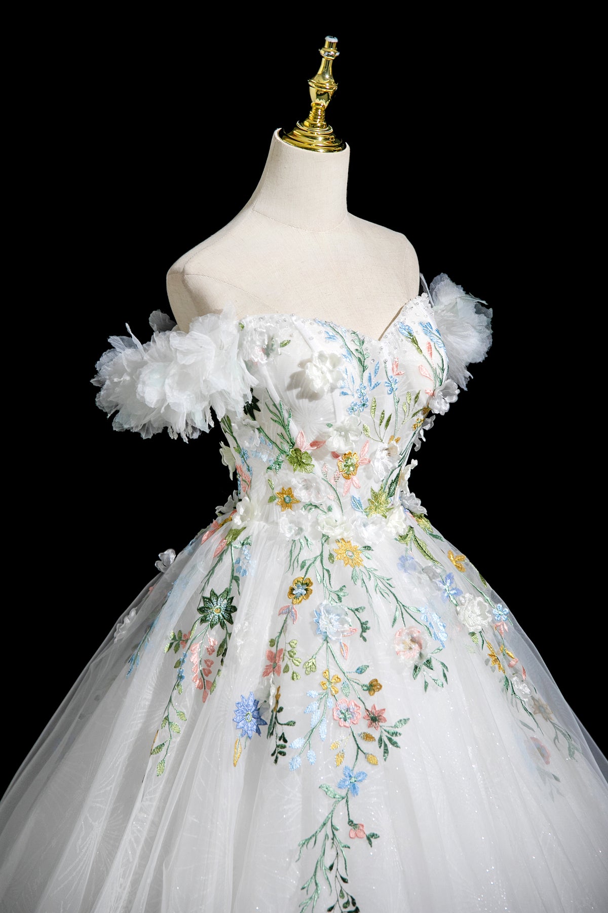 A-Line Tulle Lace White Long Prom Dress, White Long Evening Dress