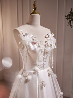 White V Neck Satin Tea Length Prom Dress, White Formal Dress With Beading