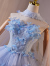 A-Line Tulle Flower Blue Long Prom Dress, Blue Long Evening Dress