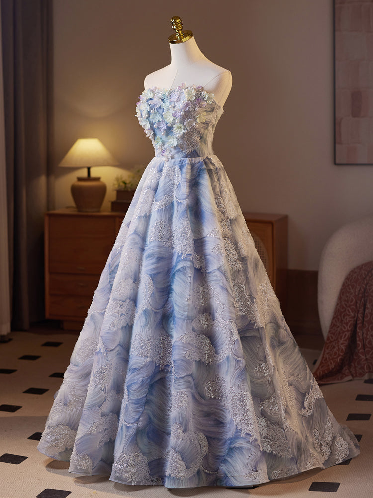 A-Line Sweetheart Neck Flower Blue Long Prom Dress, Blue Evening Dress