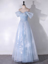A-Line Off Shoulder Tulle Lace Blue Long Prom Dress, Blue Long Formal Dress