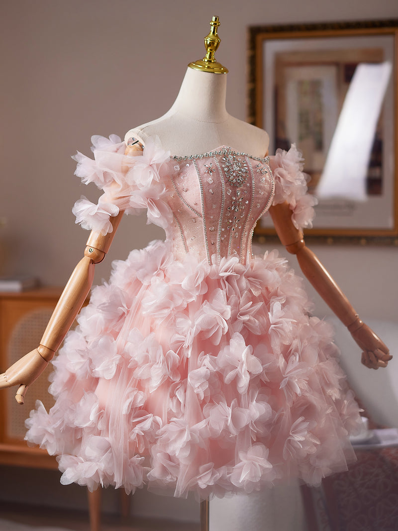 Cute Tulle Beads Flower Pink Short Prom Dress, Pink Homecoming Dress