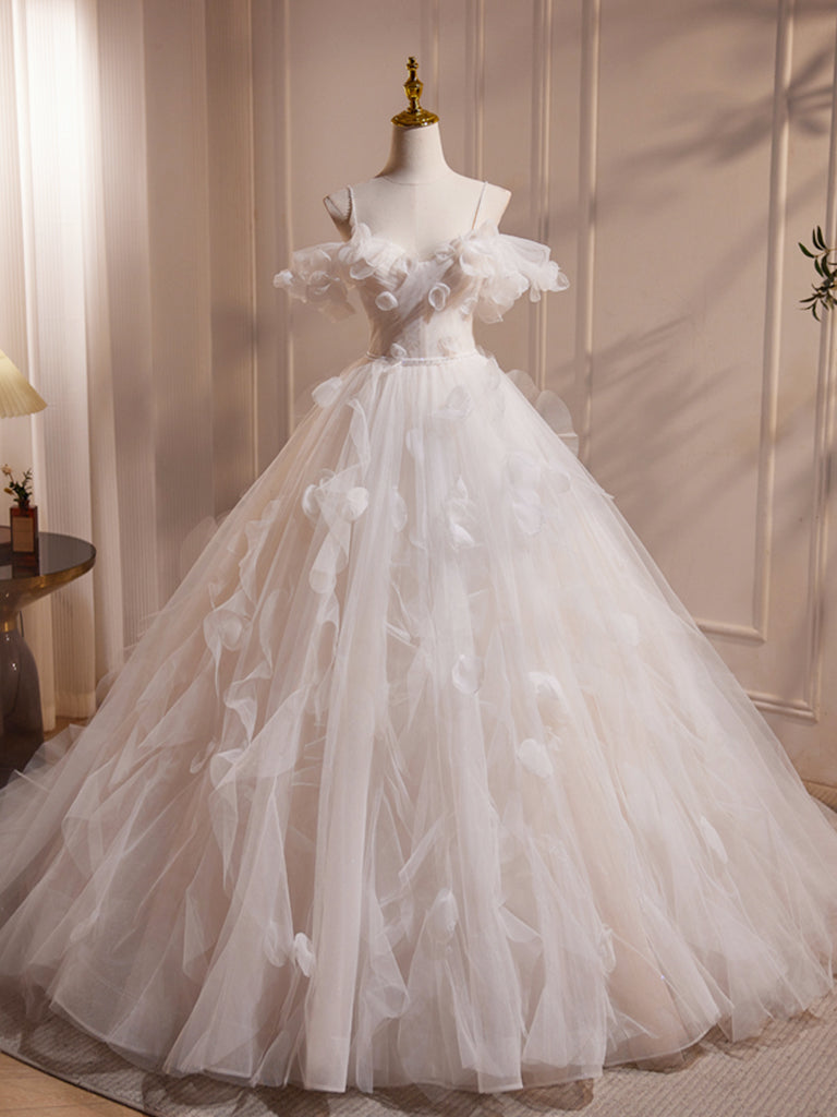 A-Line Off Shoulder White Long Prom Dress, White Long Tulle Sweet 16 Dress