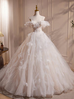 A-Line Off Shoulder White Long Prom Dress, White Long Tulle Sweet 16 Dress