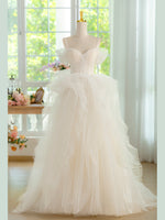 Sweetheart Neck Tulle Beads Light Champagne Long Prom Dress, Light Champagne Formal Dress