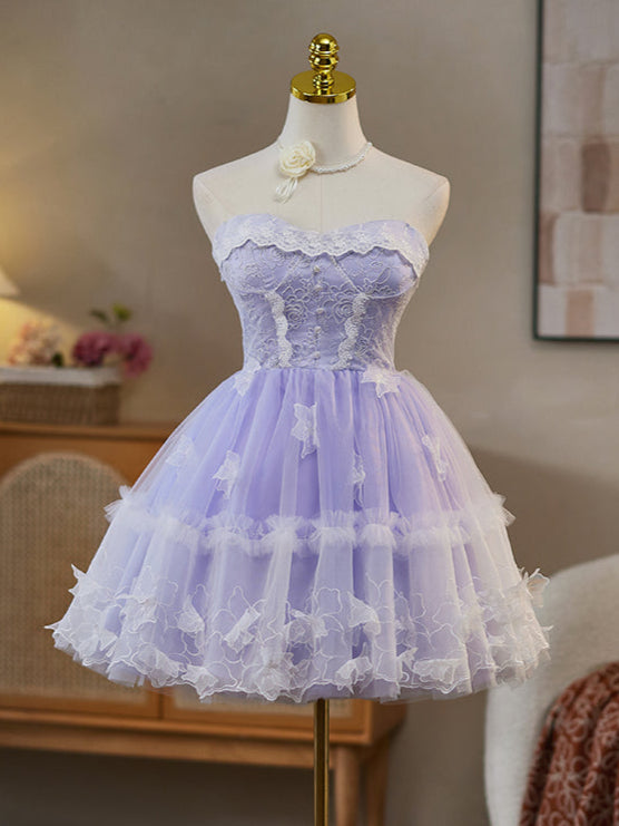 A-Line Sweetheart Neck Tulle Lace Purple Short Prom Dress, Purple Homecoming Dress