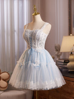 A-Line Tulle Lace Blue Short Prom Dress, Blue Homecoming Dress