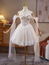 A-Line Off Shoulder Tulle Lace Beige Short Prom Dress, Beige Homecoming Dress