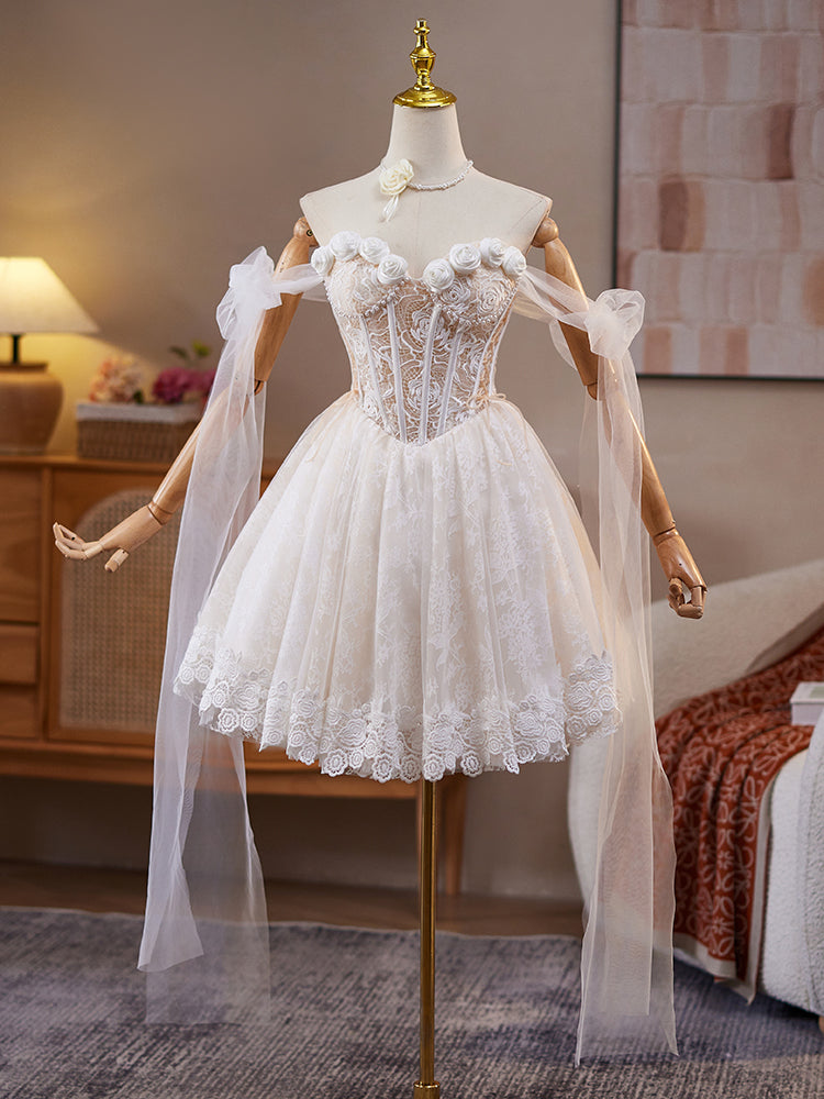 A-Line Off Shoulder Tulle Lace Beige Short Prom Dress, Beige Homecoming Dress