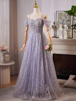 A-Line Off Shoulder Tulle Sequin Blue Long Prom Dress, Tulle Sequin Evening Dress