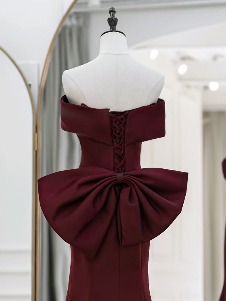 Simple Mermaid Satin Burgundy Long Prom Dress, Burgundy Long Formal Dress