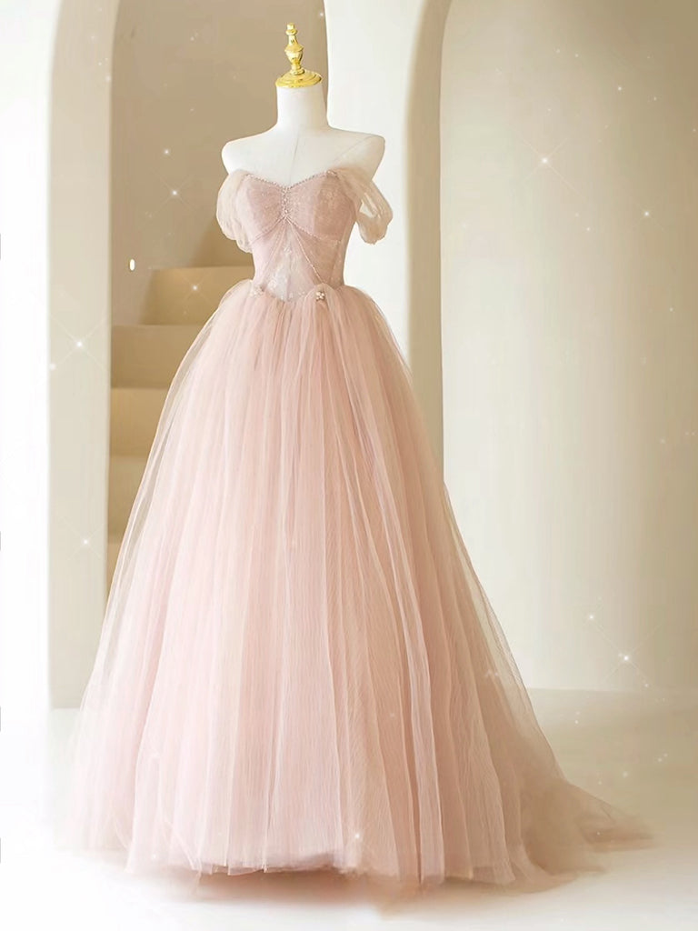 A-Line Sweetheart Neck Tulle Lace Long Pink Prom Dress, Pink Party Dress with Beads