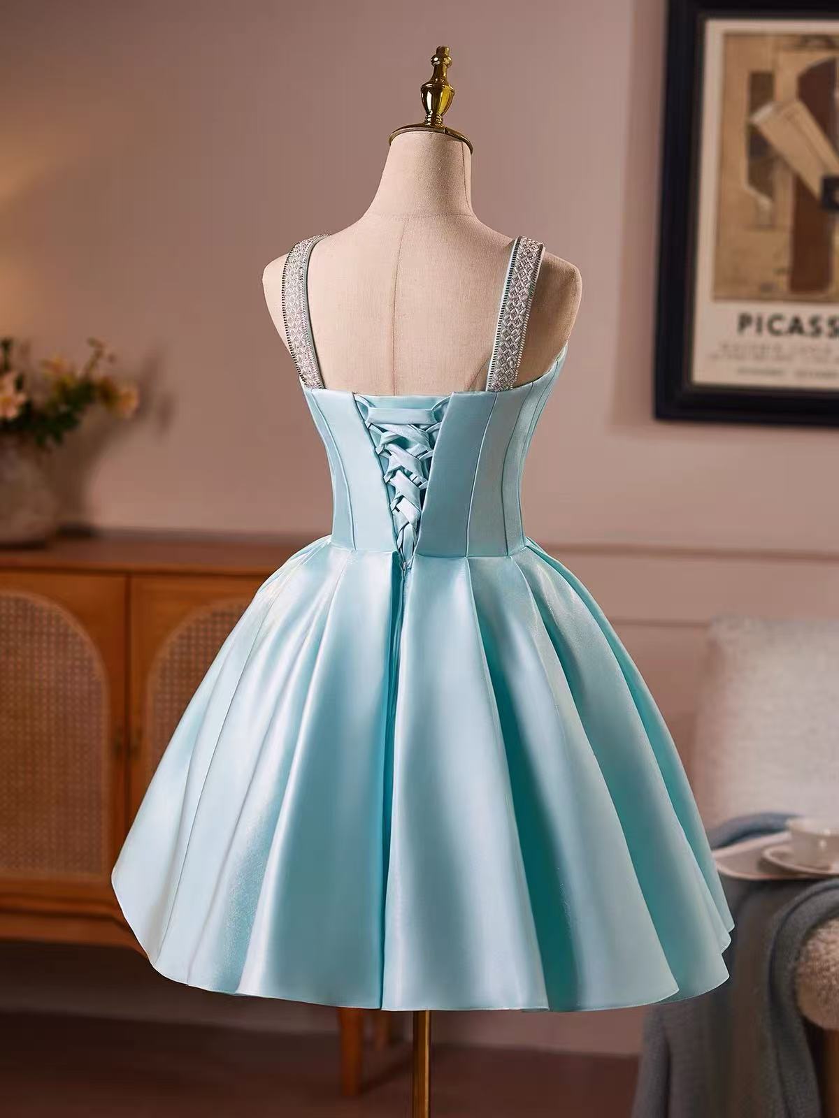 Elegant A-line Satin Blue Short Homecoming Dress with Beads