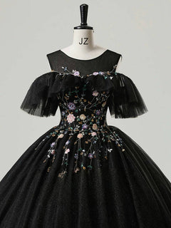 A-Line Round Neck Tulle Lace Black Long Prom Dress, Black Long Sweet 16 Dress