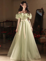 A-Line Off Shoulder Tulle Green Long Prom Dress, Green Long Formal Dress