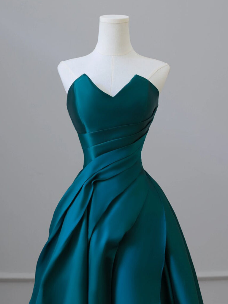 A-Line Sweetheart Neck Satin Peacock Blue Long Prom Dress – shopluu