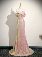 Simple Off Shoulder Sequin Mermaid Pink Prom Dress, Pink Long Formal Dress