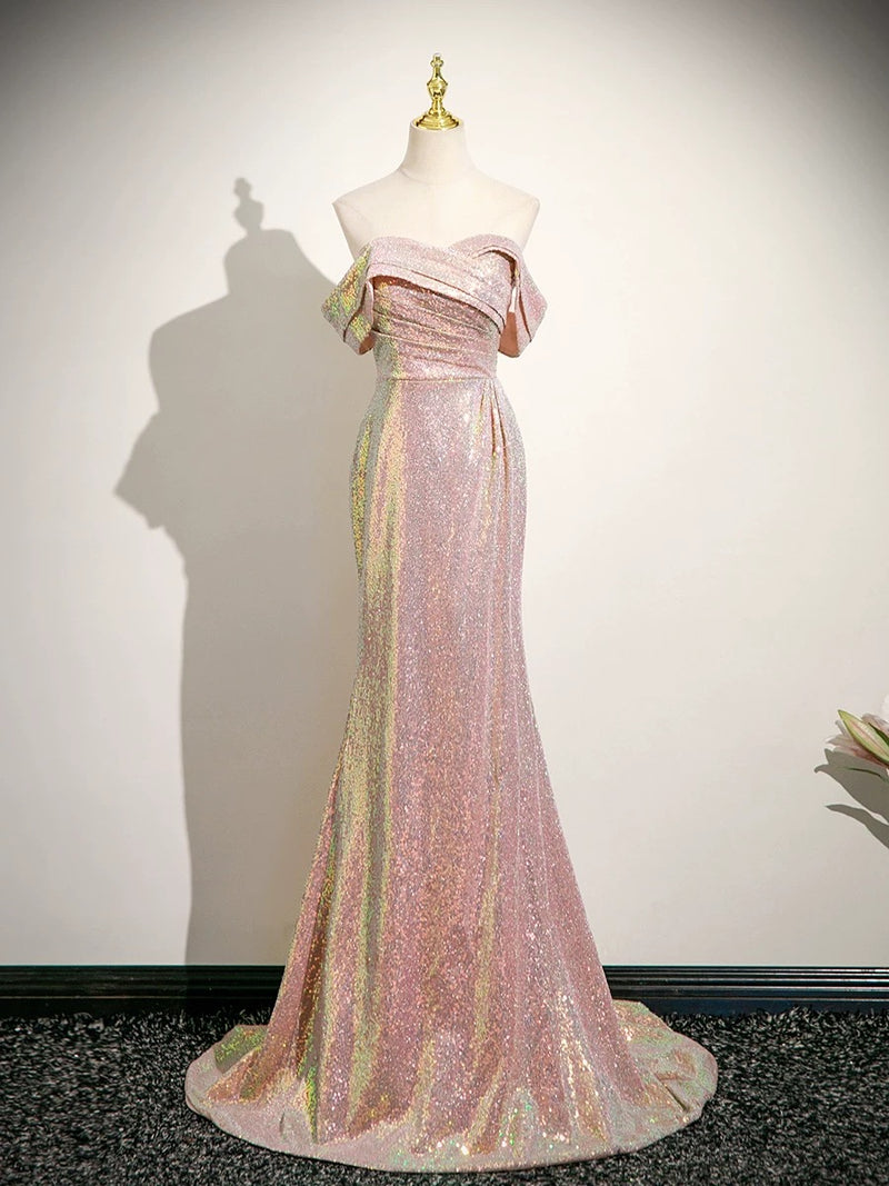 Simple Off Shoulder Sequin Mermaid Pink Prom Dress, Pink Long Formal Dress