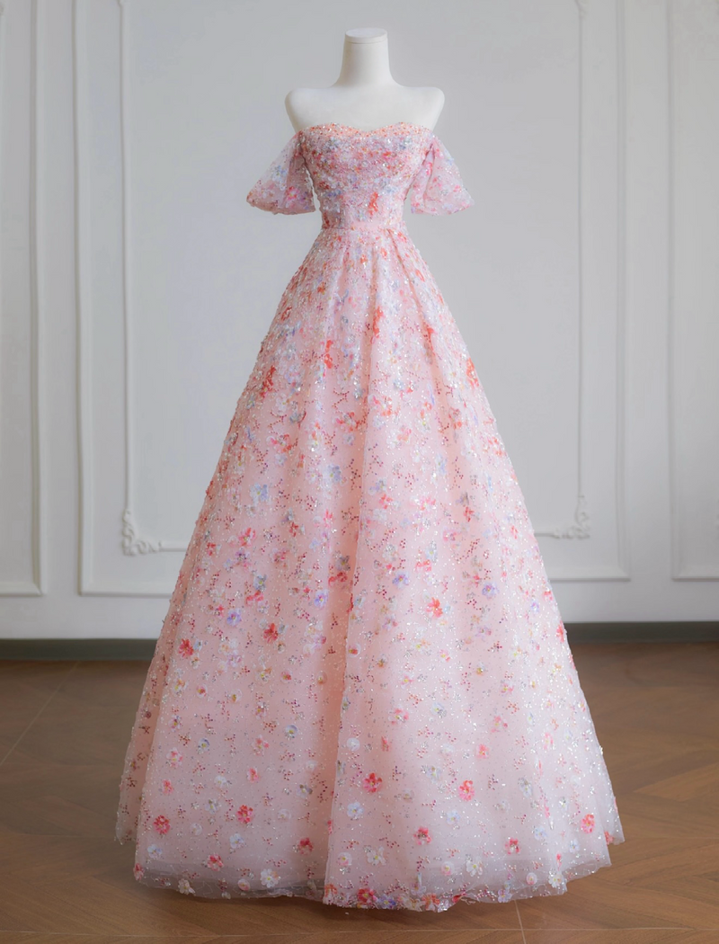 A-Line Lace Sequin Pink Long Prom Dress, Pink Long Sweet 16 Dress