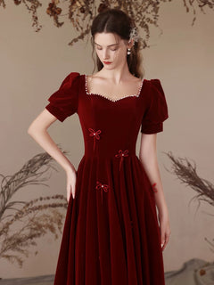 A-Line Velvet Burgundy Long Prom Dress, Burgundy Long Formal Dress