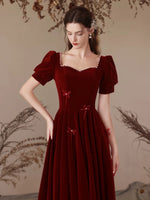 A-Line Velvet Burgundy Long Prom Dress, Burgundy Long Formal Dress