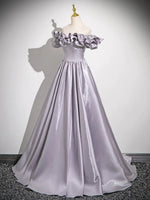 A-Line Off Shoulder Satin Gray Long Prom Dress, Gray Long Formal Dress