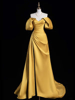 A-Line Off Shoulder Satin Gold Long Prom Dress, Gold Long Evening Dress