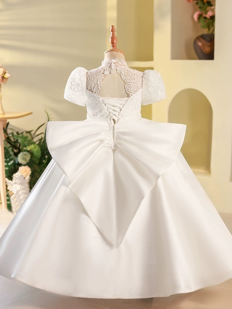 White High Neck Lace Satin Flower Girl Dress