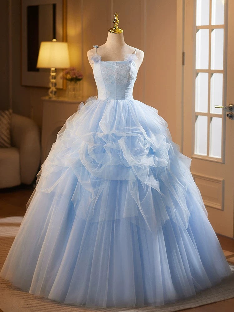 A-Line Tulle Lace Blue Long Prom Dress, Blue Long Formal Dress