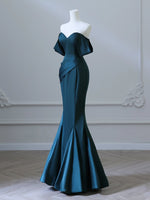 Simple Off Shoulder Satin Ink Blue Long Prom Dress, Ink Blue Long Formal Dress