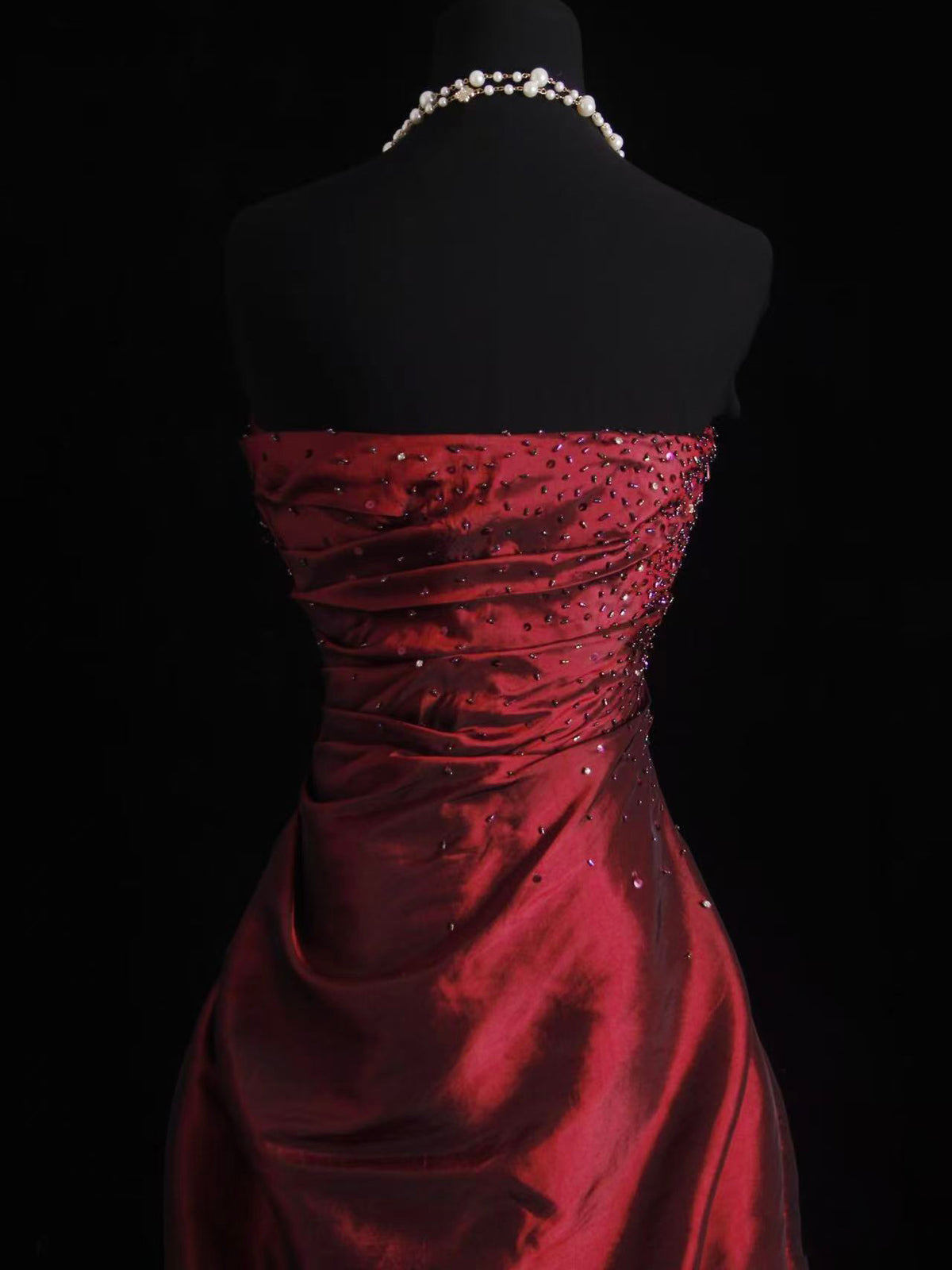 A-line Taffeta Burgundy Long Prom Dress with Beads