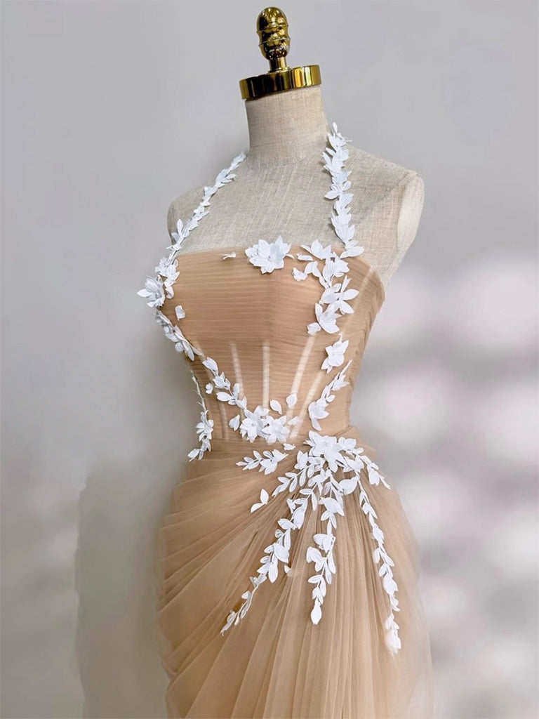 Mermaid Tulle Lace Floor Length Champagne Long Prom Dress