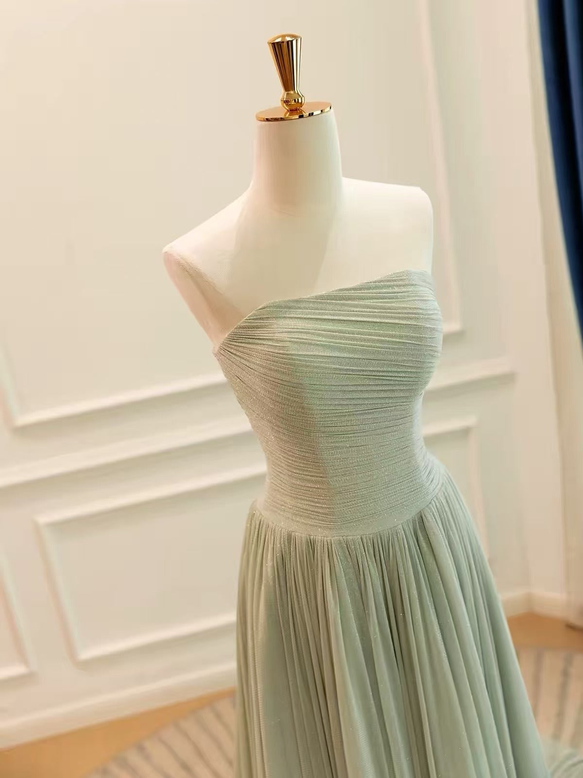 Sage Green Strapless Pleated A-Line Prom Dress with Ruched Bodice and Sweep Train