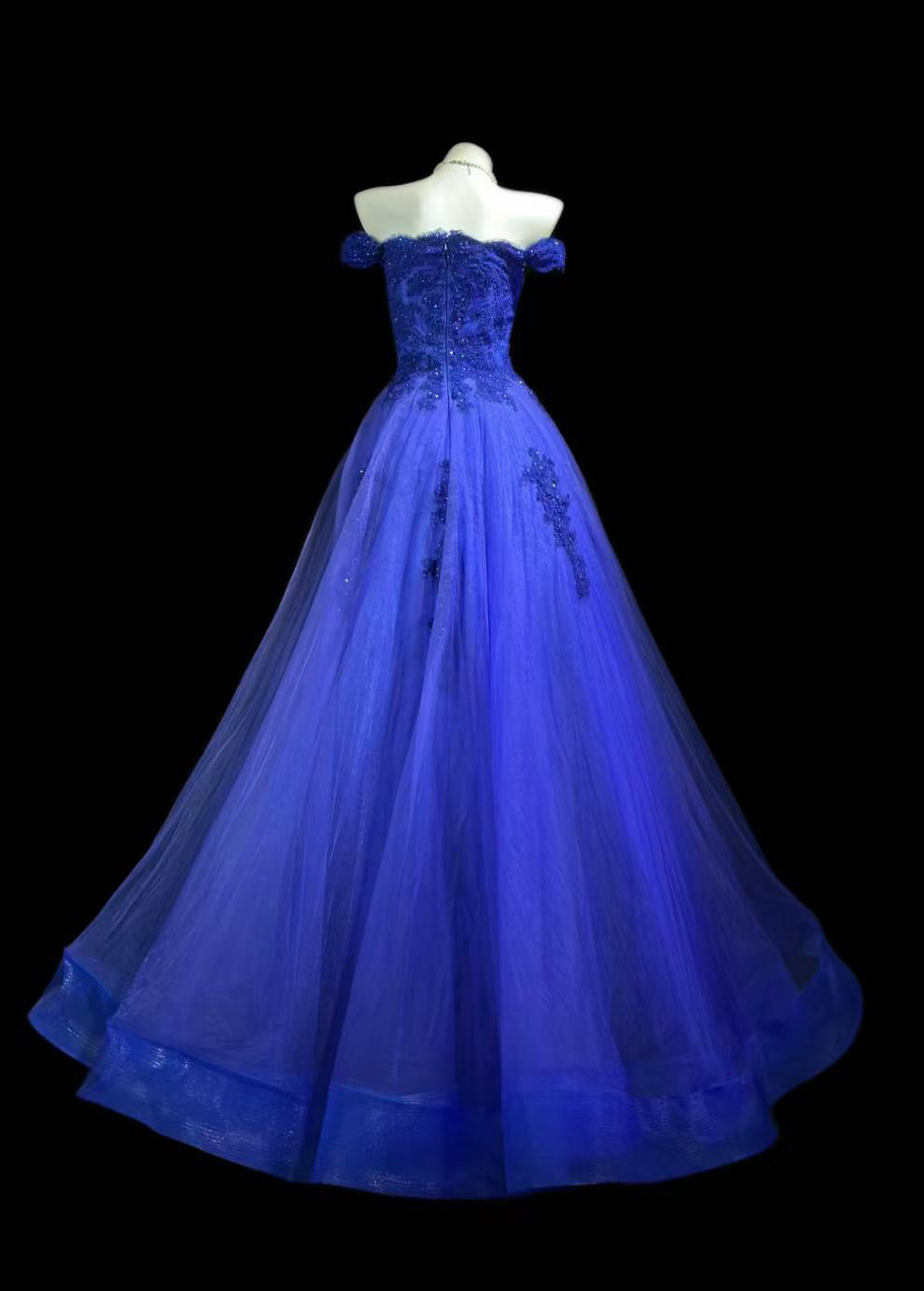 Elegant Off Shoulder Tulle Lace Blue Long Prom Dress with Lace Applique