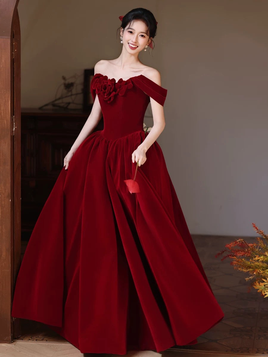 Sweetheart Off Shoulder Velvet Floor Length Burgundy Long Prom Dress