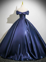 A-Line Off Shoulder Satin Dark Blue Long prom Dress, Dark Blue Long Formal Dress